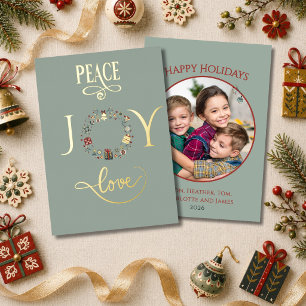 Rustic Wreath Peace Joy Love Sage Christmas Gold Foil Holiday Card