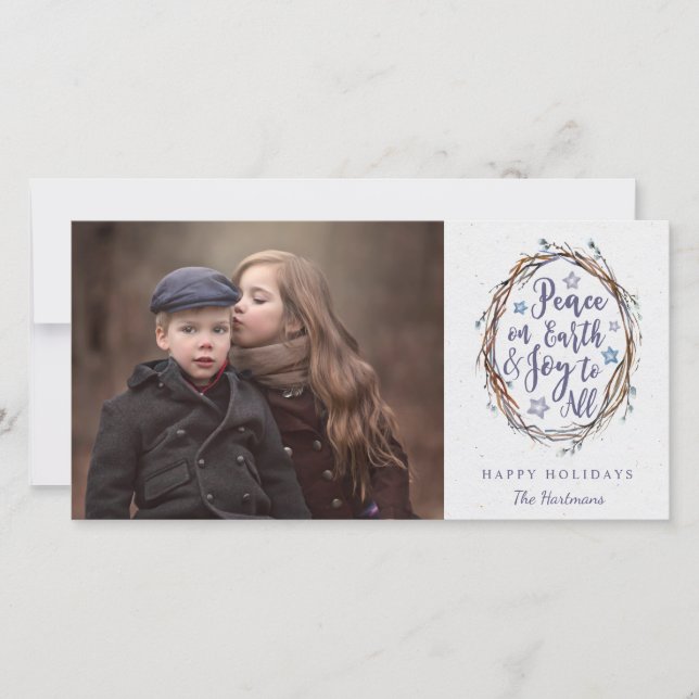 Rustic Wreath Peace on Earth Christmas Photo Holiday Card (Front)