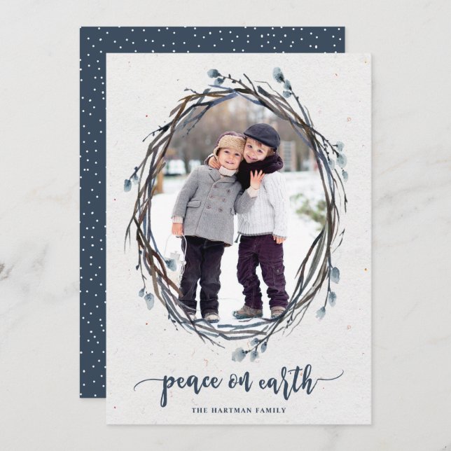 Rustic Wreath Peace on Earth Photo Navy Holiday Card (Front/Back)