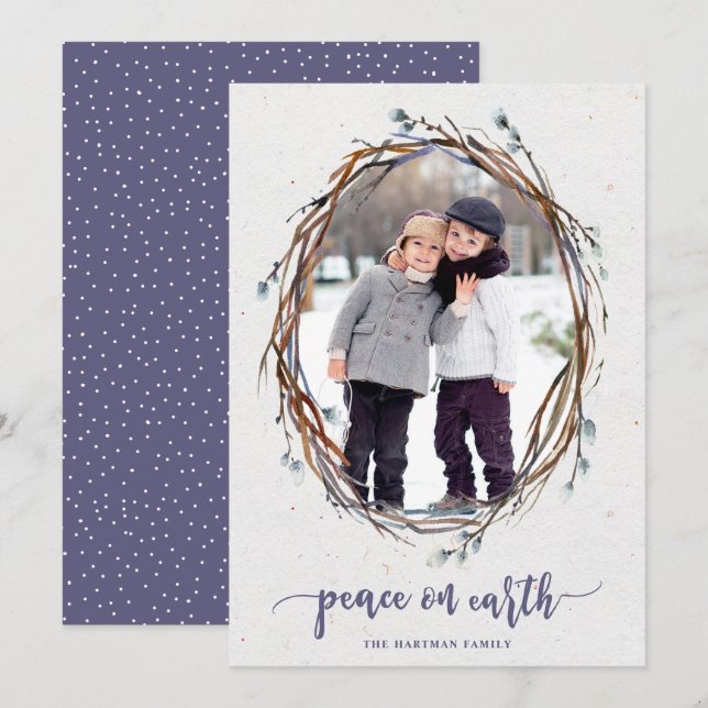 Rustic Wreath Peace on Earth Photo Purple Holiday Card (Front/Back)