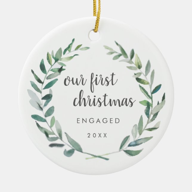 Rustic Wreath Photo Our First Christmas Engaged  Ceramic Ornament (Front)