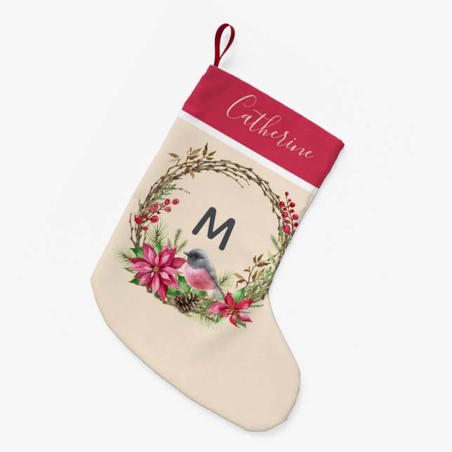Rustic Wreath Poinsetta Bird Berries Monogram Small Christmas Stocking (Front (Hanging))
