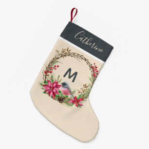 Rustic Wreath Poinsetta Bird Berries Monogram Small Christmas Stocking