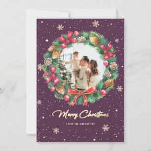 Rustic Wreath Purple Gold Photo Christmas Holiday Card