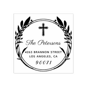 Rustic Wreath Religious Cross Return Address Rubber Stamp