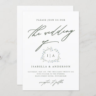 Rustic Wreath Sage Green and White Wedding Invitation