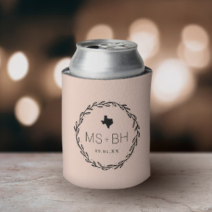 Rustic Wreath Texas Wedding Monogram   Blush Can Cooler
