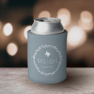 Rustic Wreath Texas Wedding Monogram Dusty Blue Can Cooler