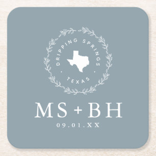 Rustic Wreath Texas Wedding Monogram Dusty Blue Square Paper Coaster