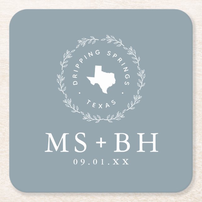 Rustic Wreath Texas Wedding Monogram | Dusty Blue Square Paper Coaster (Front)