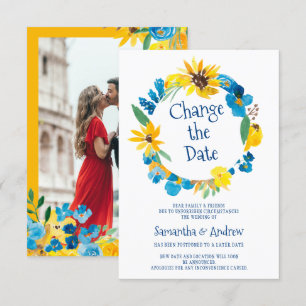 Rustic wreath watercolor change date wedding invitation