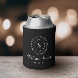 Rustic Wreath Wedding Monogram   Black Can Cooler