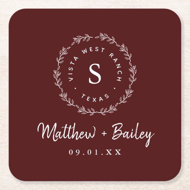 Rustic Wreath Wedding Monogram | Burgundy Square Paper Coaster (Front)