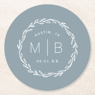 Rustic Wreath Wedding Monogram Dusty Blue Round Paper Coaster
