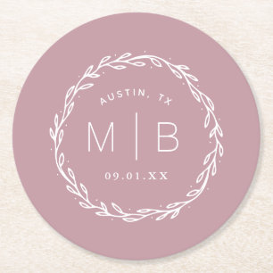 Rustic Wreath Wedding Monogram   Mauve Round Paper Coaster