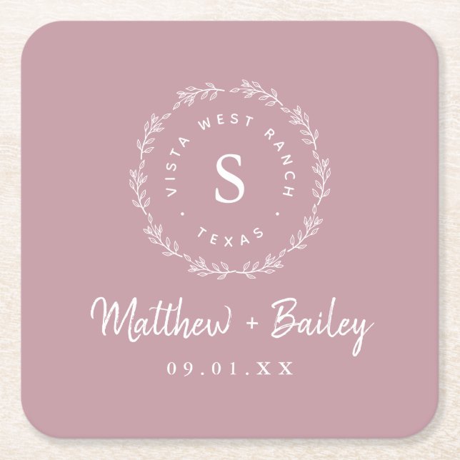 Rustic Wreath Wedding Monogram | Mauve Square Paper Coaster (Front)