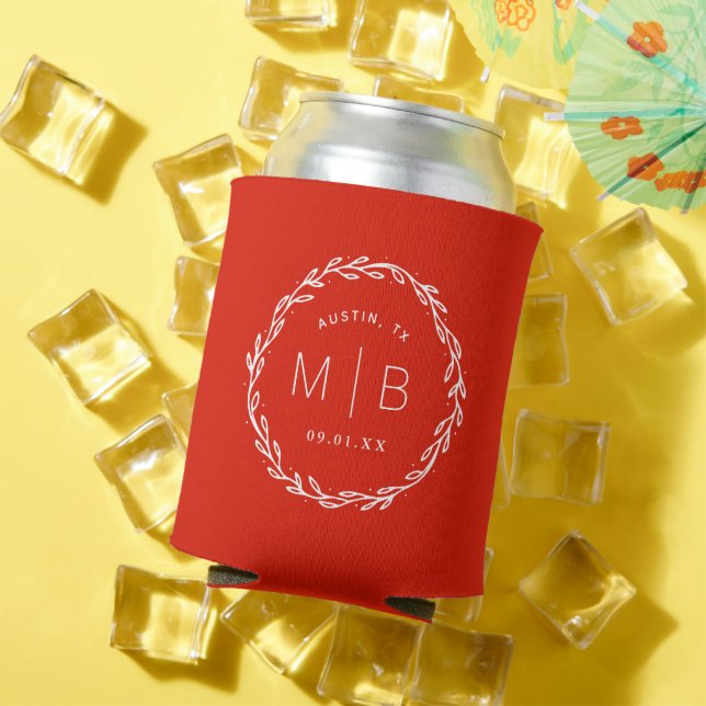Rustic Wreath Wedding Monogram | Red Can Cooler (In Situ Summer)