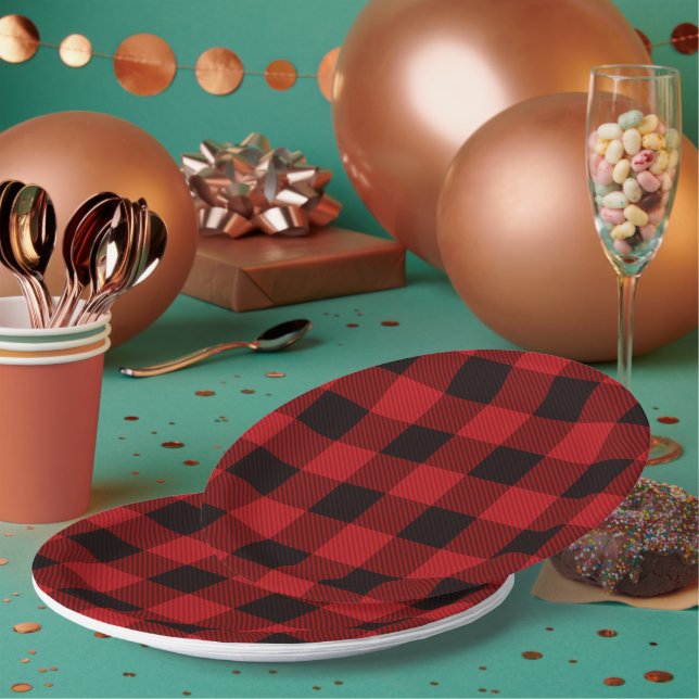 Rustic xmas Holiday Lumberjack Red Buffalo Plaid  Paper Plate (Multi)