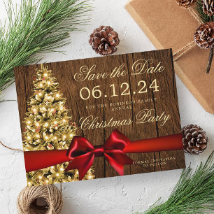 Rustic Xmas Holiday Save Date Tree & Red Ribbon Announcement Postcard
