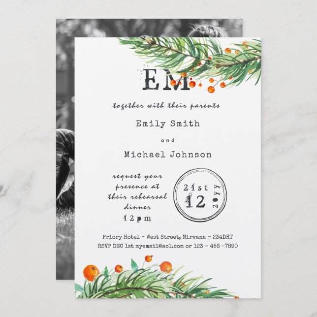 Rustic Xmas Rehearsal Dinner Invites ADD PHOTO (Front/Back)