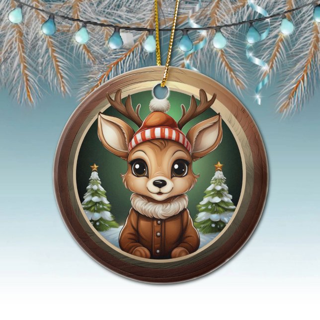 Rustic Xmas Reindeer, Christmas fawn Decor 🦌🎄 Ceramic Ornament (Rustic Xmas Reindeer, Christmas fawn Decor, Deer Decoration, Fawn with Antlers Ceramic Ornament 🦌🎄)