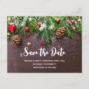 Rustic Xmas Table with Pine & Snow Save the Date Invitation Postcard