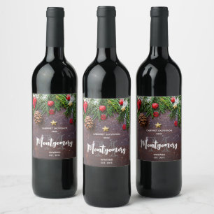 Rustic Xmas Table with Pine & Snow Wine Making Label