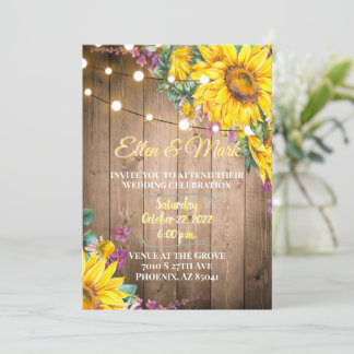 Rustic Yellow and Purple Sunflowers Wedding Invitation