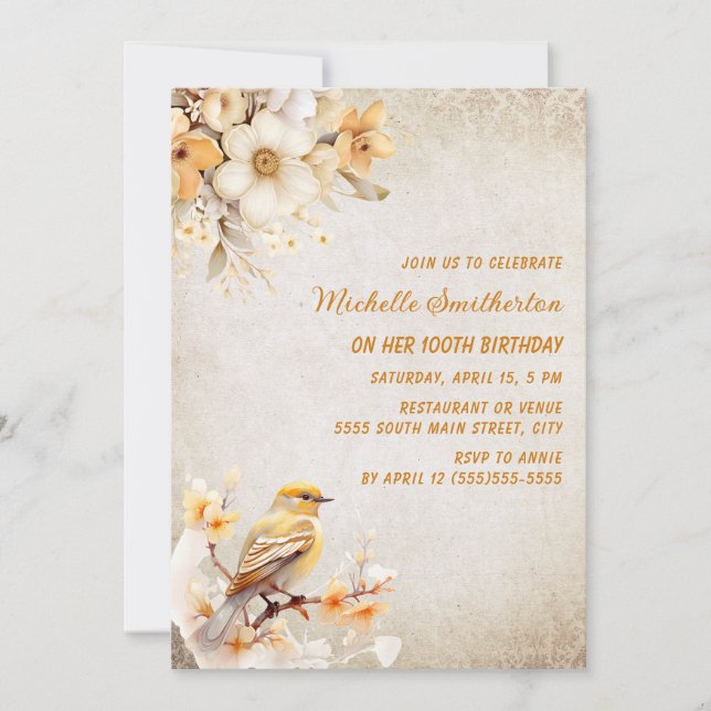 Rustic Yellow Bird White Flowers 100th Birthday Invitation (Front)