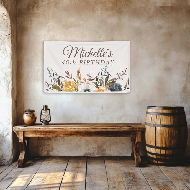 Rustic Yellow Blue Floral 40th Birthday Welcome Banner (Mustard yellow and navy blue women's 40th birthday party banner)