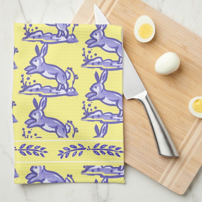 Rustic Yellow & Blue Rabbit Country French Pretty Tea Towel (Quarter Fold)