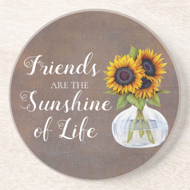Rustic Yellow Brown Sunflowers Vase Friend Quote Coaster (Front)
