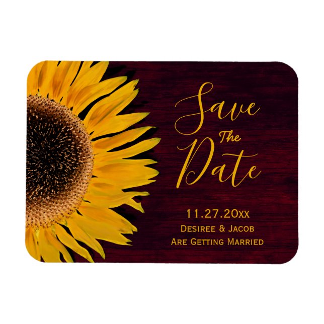 Rustic Yellow Burgundy Sunflower Save The Date Magnet (Horizontal)