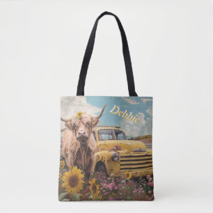 Rustic Yellow Farm Truck & Highland Cow Customize Tote Bag