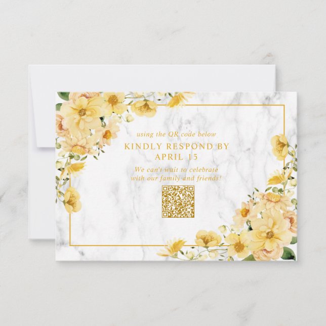 Rustic Yellow Floral Marble QR Code Wedding RSVP Card (Front)