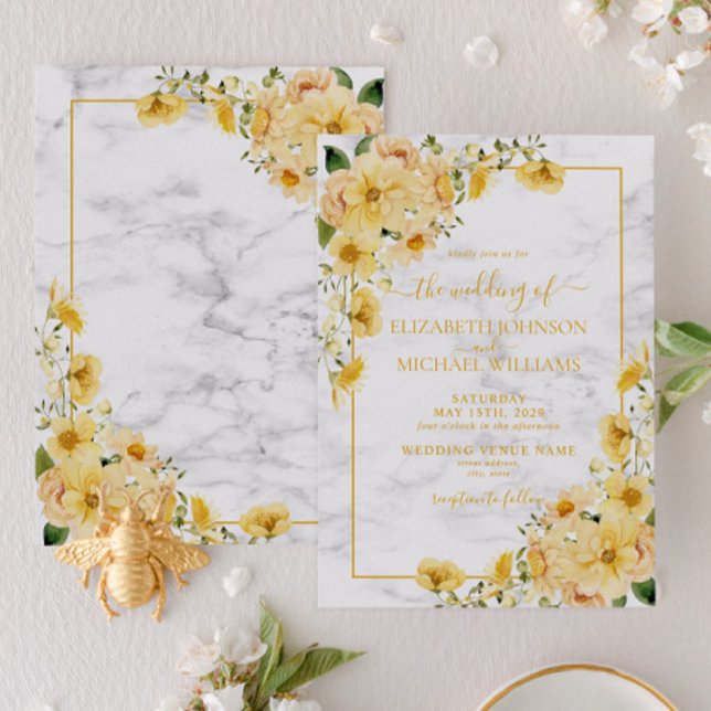Rustic Yellow Floral Marble Script Wedding Invitation (Creator Uploaded)