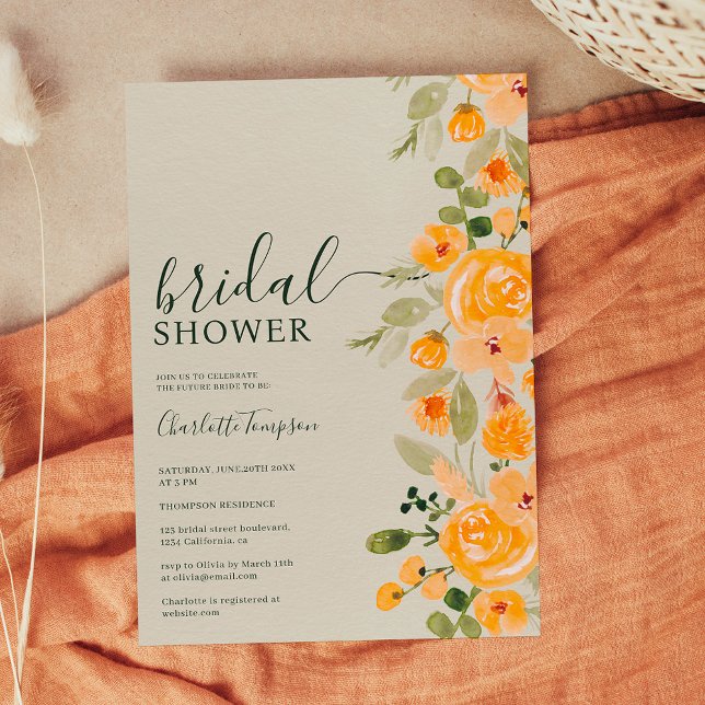 Rustic yellow floral watercolor fall bridal shower invitation (Rustic yellow floral watercolor fall bridal shower invitation on green)