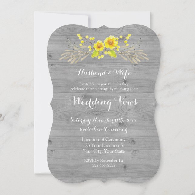 Rustic Yellow Floral Wood Vow Renewal Invitation (Back)