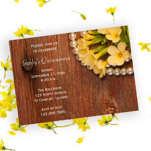 Rustic Yellow Flowers Pearls Quinceanera Barn Invitation