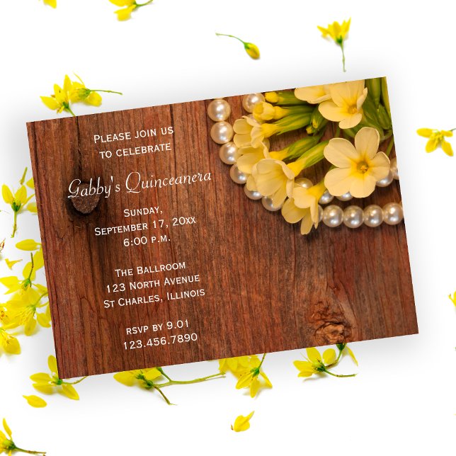 Rustic Yellow Flowers Pearls Quinceanera Barn Invitation (Creator Uploaded)