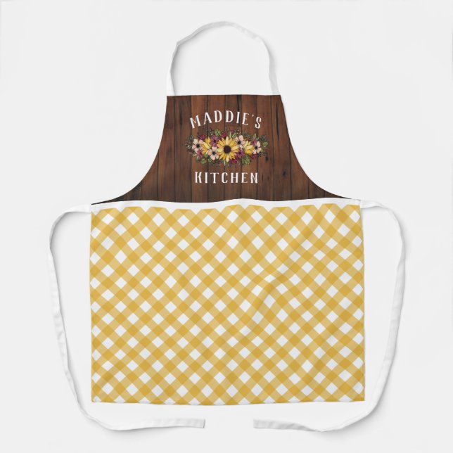 Rustic Yellow Gingham Floral Bouquet Add Name Apron (Front)