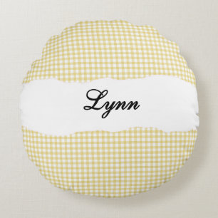 Rustic Yellow Gingham Personalised Name Round Cushion
