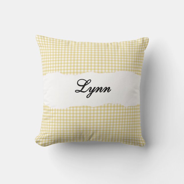 Rustic Yellow Gingham Personalized Name Cushion (Front)