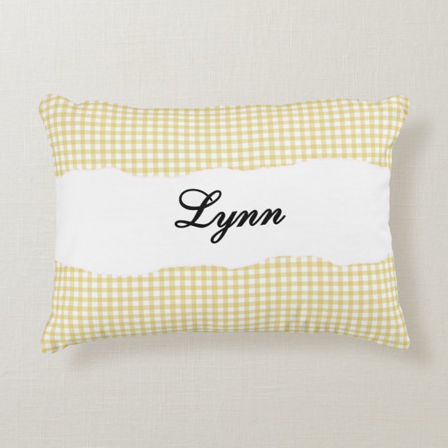 Rustic Yellow Gingham Personalized Name Decorative Cushion (Front)