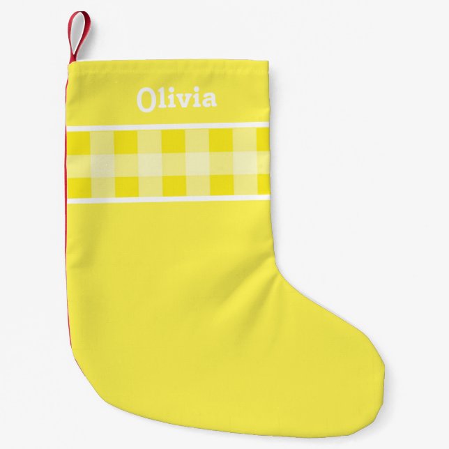 Rustic Yellow Gingham plaid pattern custom name Small Christmas Stocking (Front)