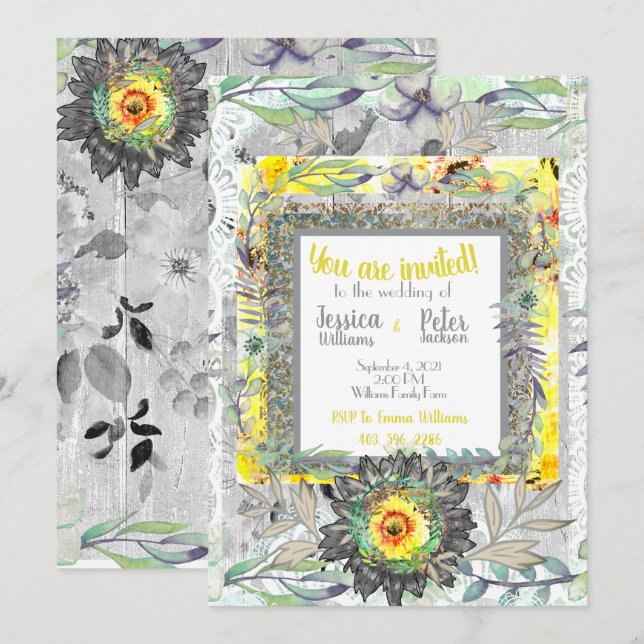 Rustic Yellow Gray Sunflower Wedding Invitation (Front/Back)