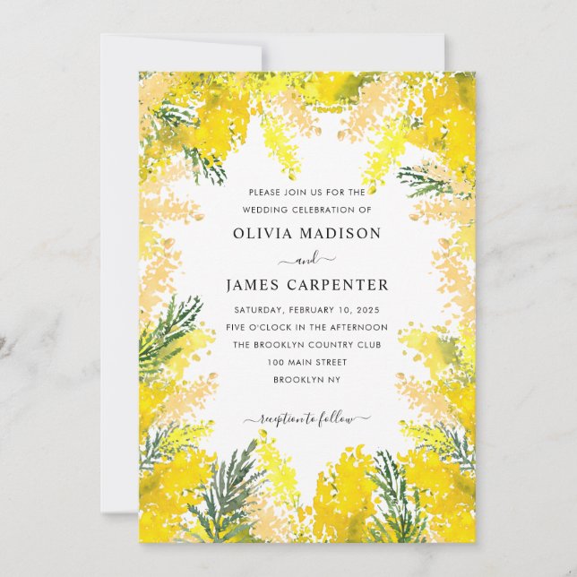 Rustic Yellow Greenery Floral Watercolor Wedding Invitation (Front)