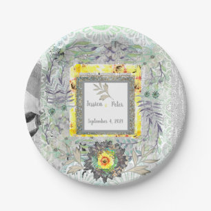Rustic Yellow Grey Sunflower Wedding Paper Plate