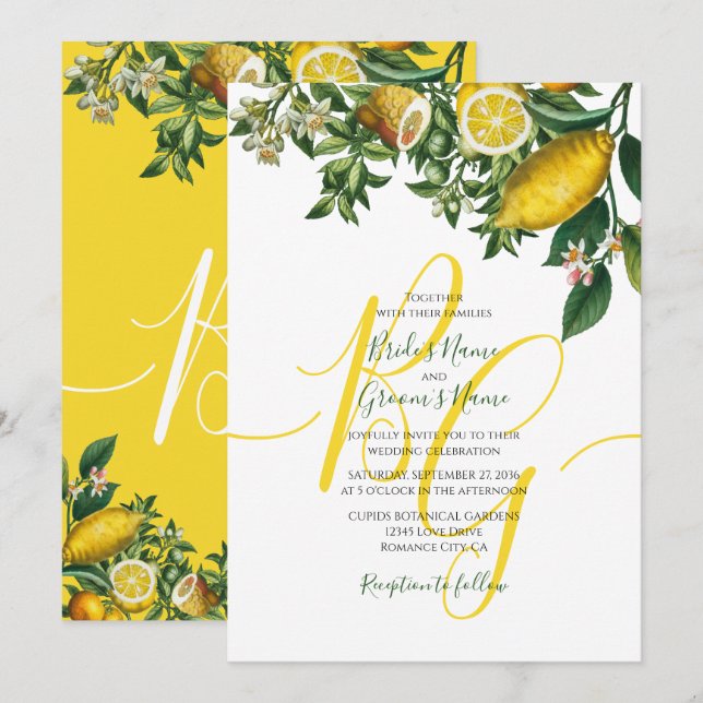 Rustic Yellow Lemon & Foliage Greenery Wedding Invitation (Front/Back)