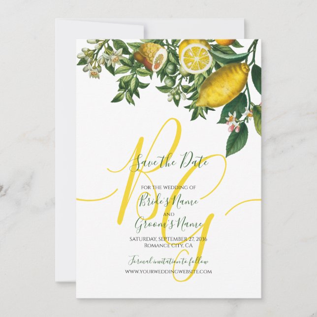 Rustic Yellow Lemon & Foliage Greenery Wedding Save The Date (Front)